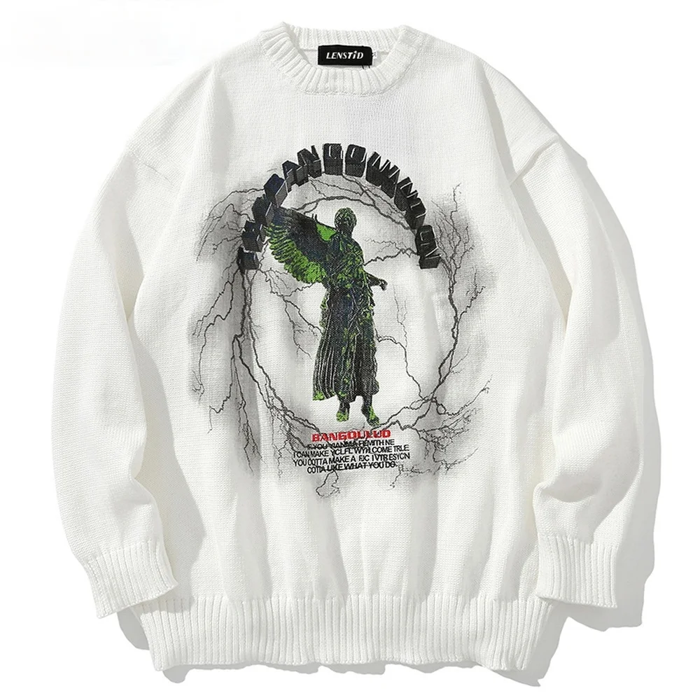 

Men Hip Hop Knitted Jumper Sweaters Angel Lightning Printed Streetwear Harajuku Autumn Oversize Hipster Casual Pullovers