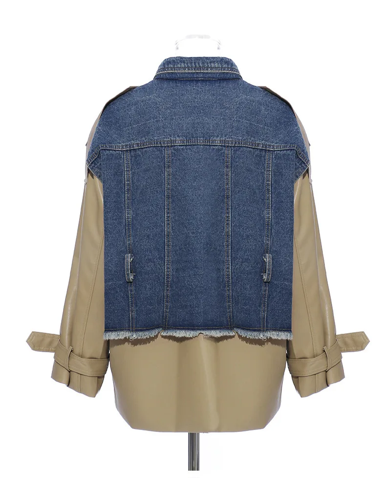 

Denim Patchwork PU Leather Jacket For Women Streetwear Spring and Autumn Coat With Belt Casual Lapel Women Clothing