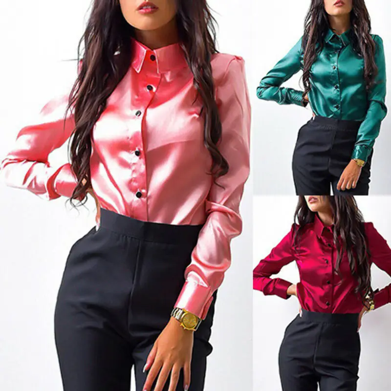 

Elegant Smoothy Women Blouse Sexy Uniform Satin Shirt Long Sleeve Top Button Formal Office Blouse shirt New Fashion Shirt