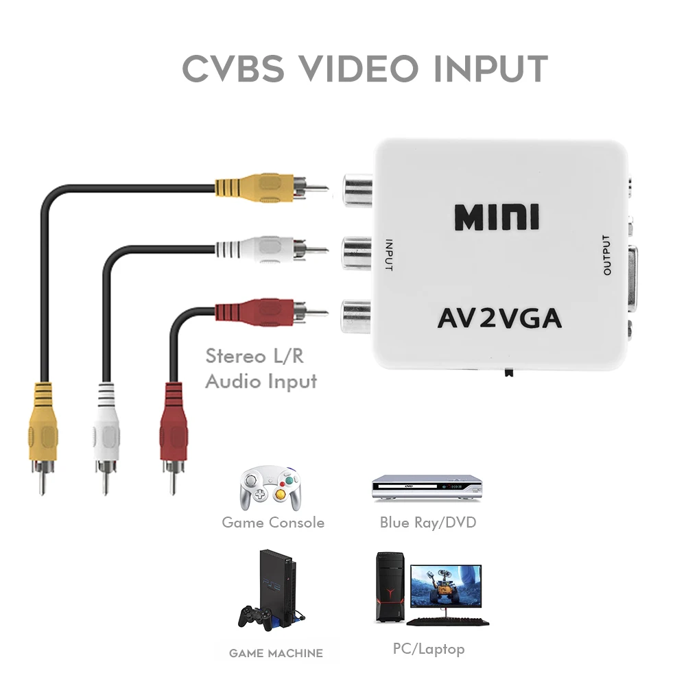 Мини-видеоконвертер 1080P RCA AV на VGA видеопреобразователь с 3 5 мм аудио AV2VGA / CVBS +