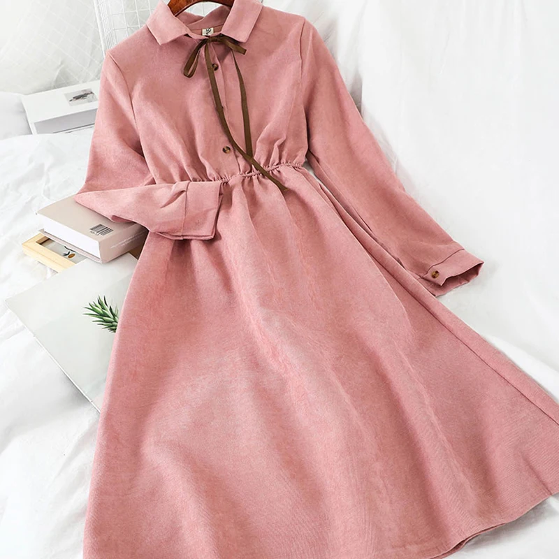 Spring Women Kawaii Solid High Waist A-Line Knee-Length Dress Casual Korean Bow Turn-Down Collar Long Sleeve Vestidos | Женская одежда