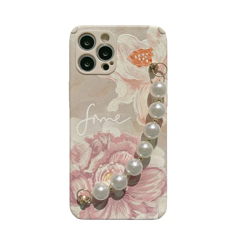 

Oil Painting French Style Flower Pearl Bracelet Chain Phone Case Cover For iPhone 11 Pro Max 7 8 Plus X XR XS 12 Pro Max Mini