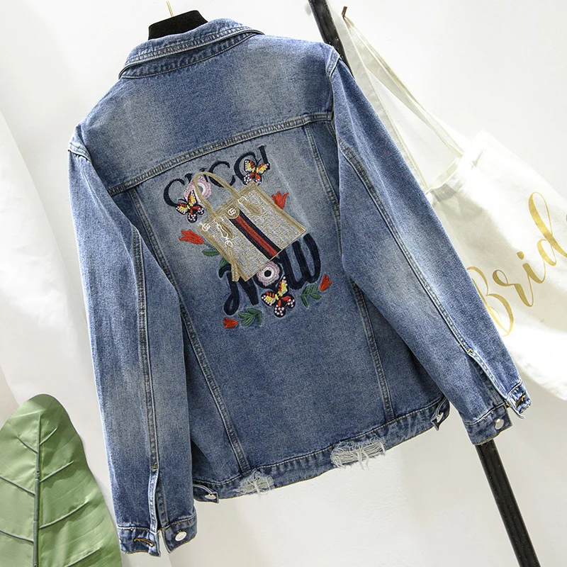 

2021 Spring Autumn Women's Fashion Embroidery Cropped Denim Top Jackets Blue Oversized Jean Jeans Patchwork Jacket Women Coat