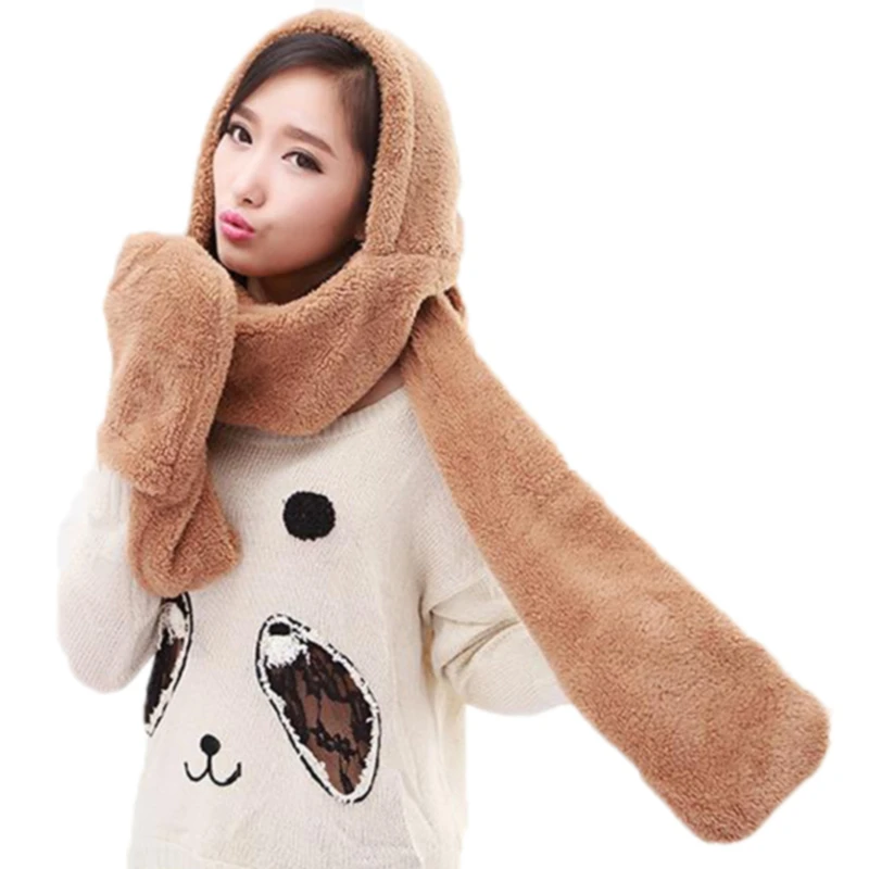 3 In 1 Women Winter Warm Soft Hood Scarf Snood Pocket Hats Gloves Fashion Hooded Srarves Hat Glove Piece Sets |