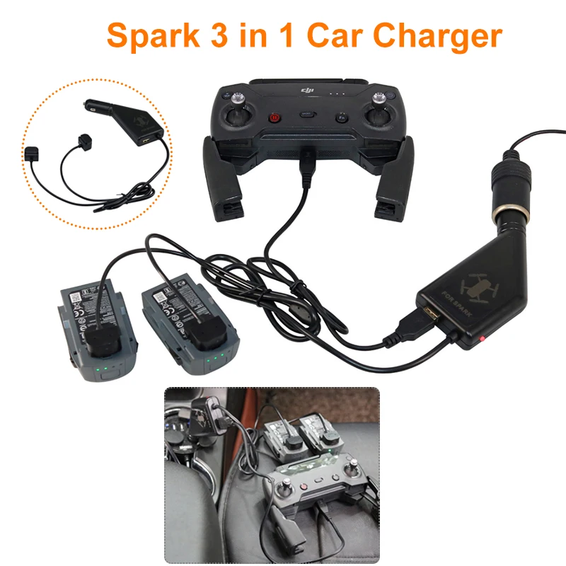 

DJI Spark 3 в 1 Автомобильное зарядное устройство 2 шт. зарядка аккумулятора и 1 шт. usb-порт пульт дистанционного управления зарядка 3 порта для DJI ...