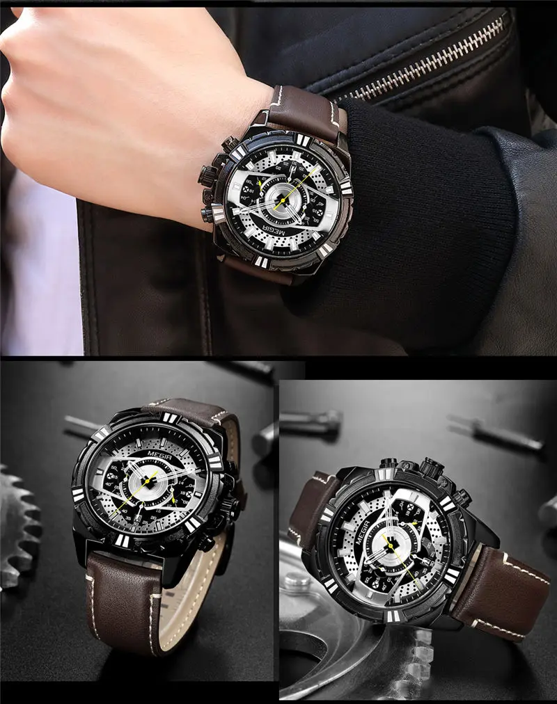 Часы наручные MEGIR мужские с хронографом брендовые Роскошные синие спортивные в