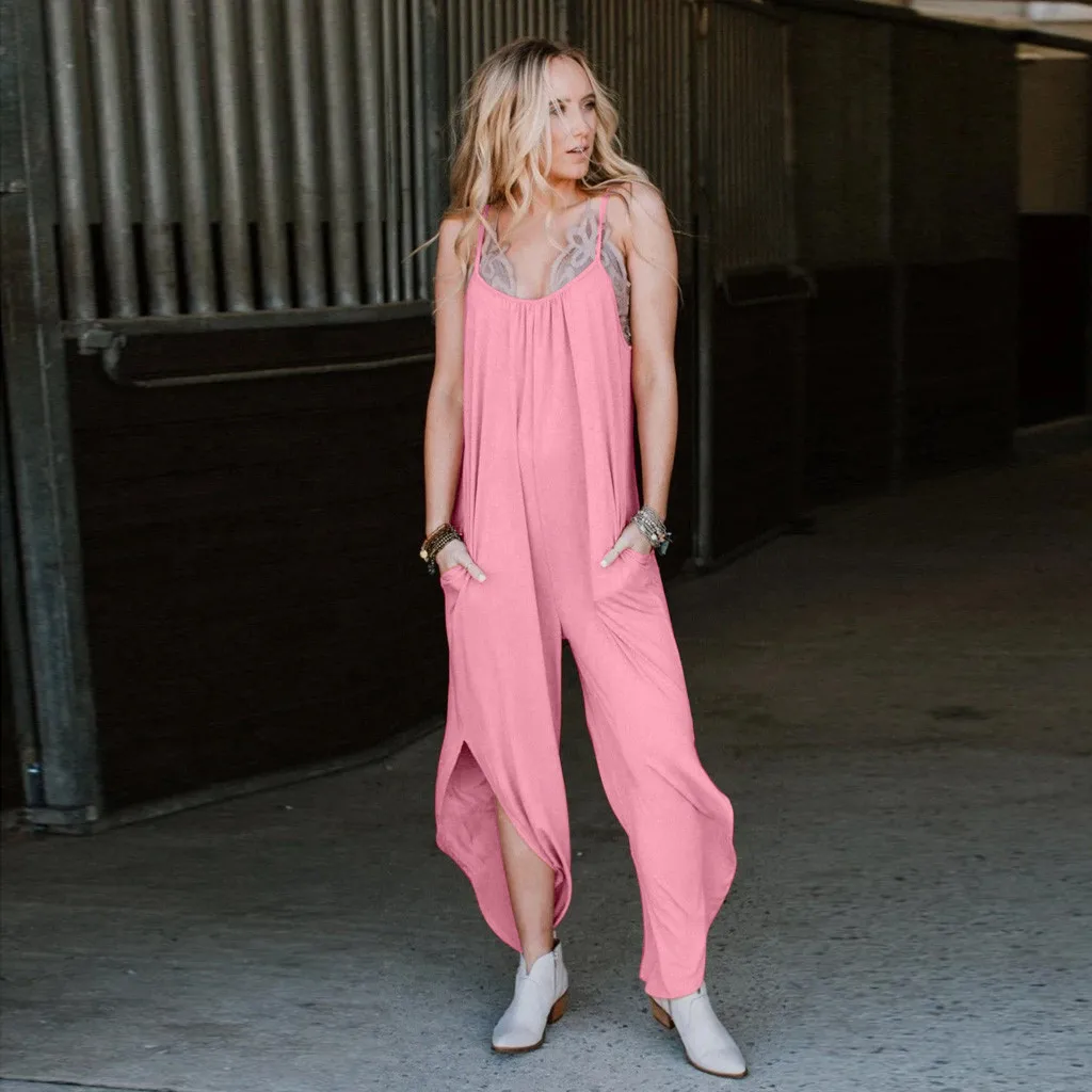 

Womail Women Jumpsuit Rompers Summer Black Sexy Backless Wide Leg Jumpsuit Side Split Hem Casual One Piece Womens Clothing Pink