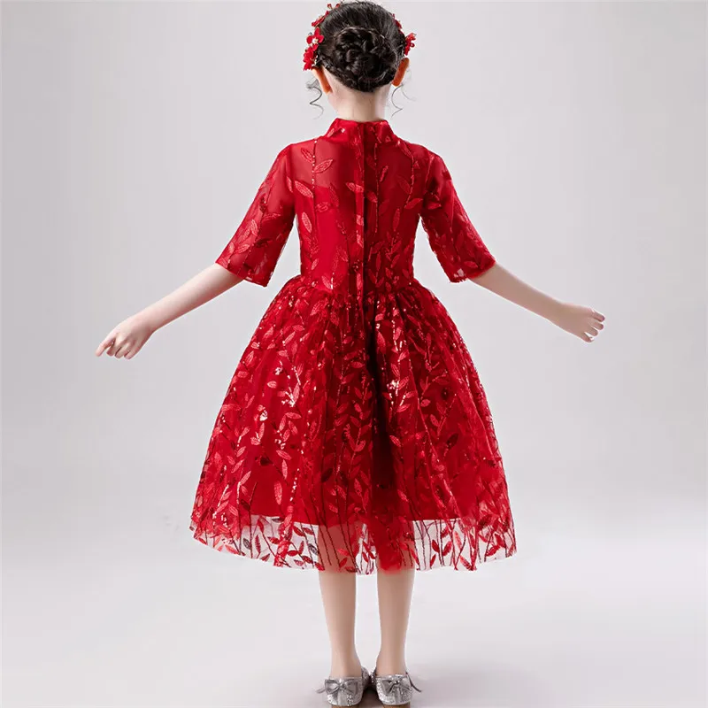 

Baby Kids Elegant Red Color standing-Collar Birthday Wedding Party Ceremony Princess Dress Children Girls Host Piano Prom Dress