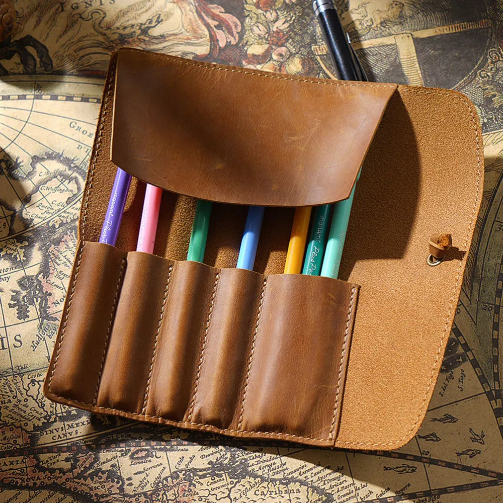 

Vintage Retro Roll Leather Pen Pouch Holder Pencil Bag Pen Case for Rollerball Fountain Ballpoint Pen