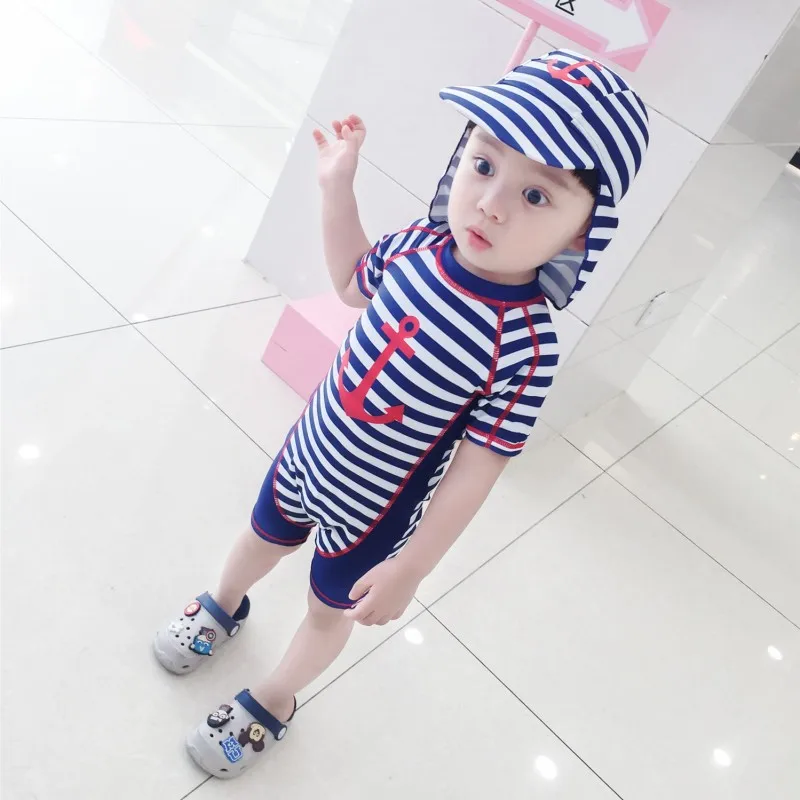 Купальный костюм для мальчиков в полоску с принтом якоря цельный купальный