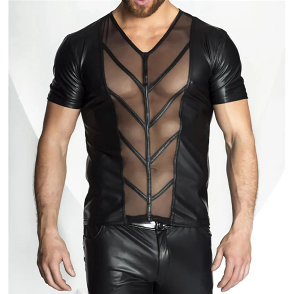 Новый стиль мужские топы из искусственной кожи с прозрачной сеткой футболки