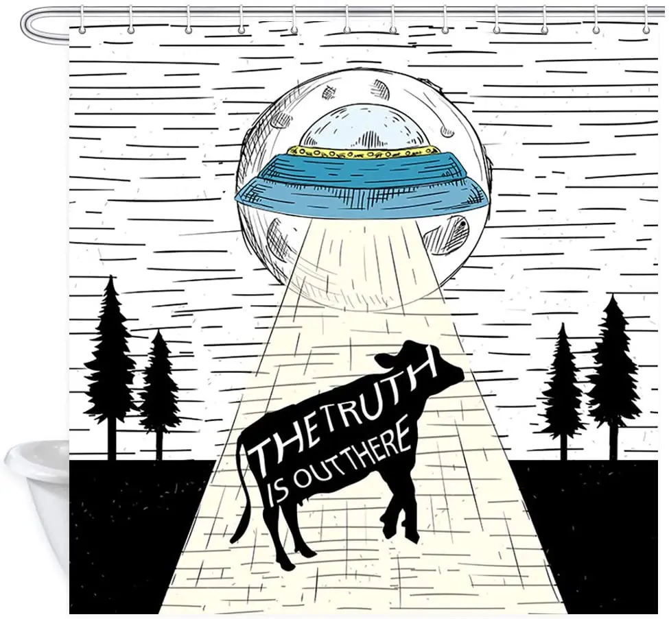 

Funny Animals Shower Curtain, Cartoon Farmhouse Style Cow with UFO Black and White Decor