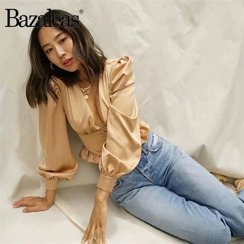 Женский Шелковый укороченный топ Bazaleas желтый Атласный с глубоким v образным