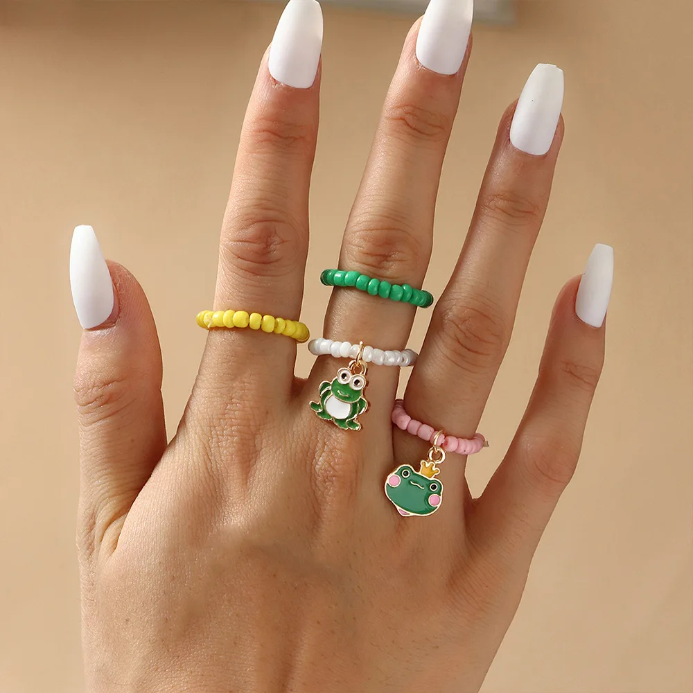 

Colorful Beads Frog Rings For Womens Girls 4 Pcs New Arrival Adjustable Beaded Korean Alloy Animal Frog Rings Jewelry Gifts