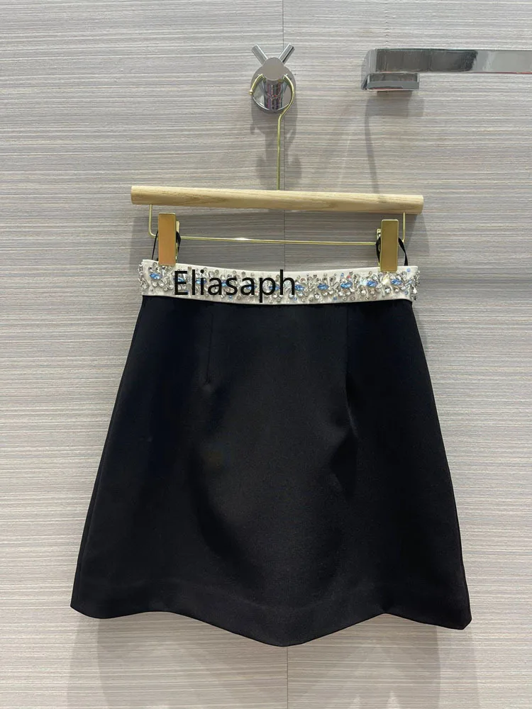Luxury Diamonds Waist Skirts for Women Summer Preppy Style Bow Decoration Solid Mini Skirts Holiday All-match A Line Skirts Lady