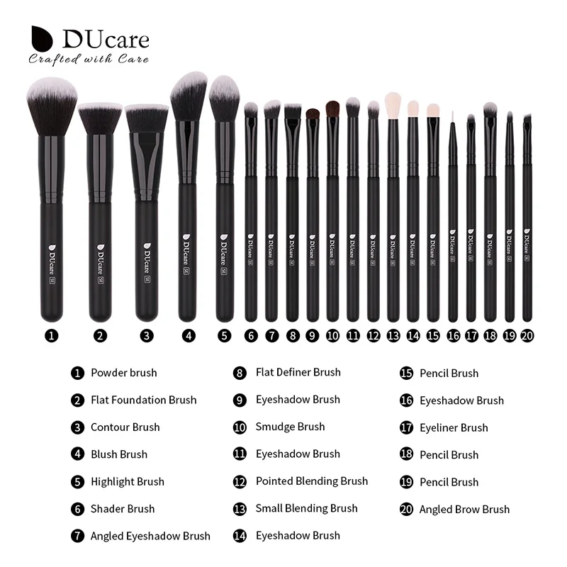 DUcare 20 шт., Профессиональные кисти для макияжа, пудра, основа, тени для век, набор кистей для макияжа из натурального козьего волоса, набор косметических кистей