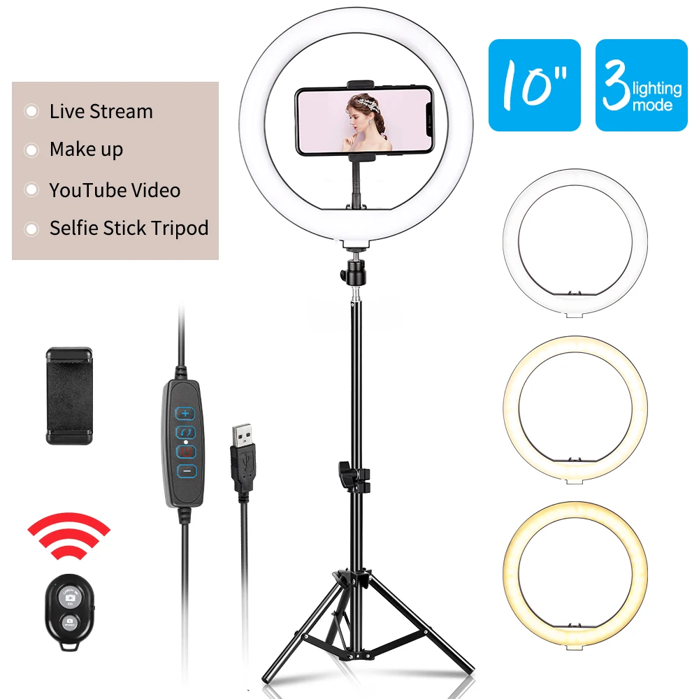 10inch LED Ring Light Photography Selfie Lighting with Tripod Stand for Smartphone Youtube Makeup Video Studio Lamp |