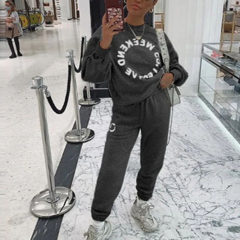 

Elegant Letter Print Long Sleeve Top & Drawstring Pants Set Women Autumn Winter 2 Piece Set New Casual Lace Up Sweatshirt Suits