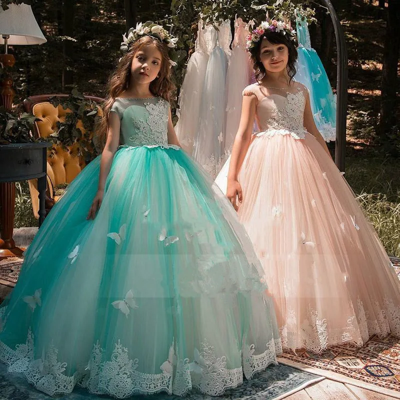 Pink/Green Flower Girl Dresses For Weddings Lace Ball Gown Sleeveless Butterfly First Communion Girls Vestido Longo | Свадьбы и