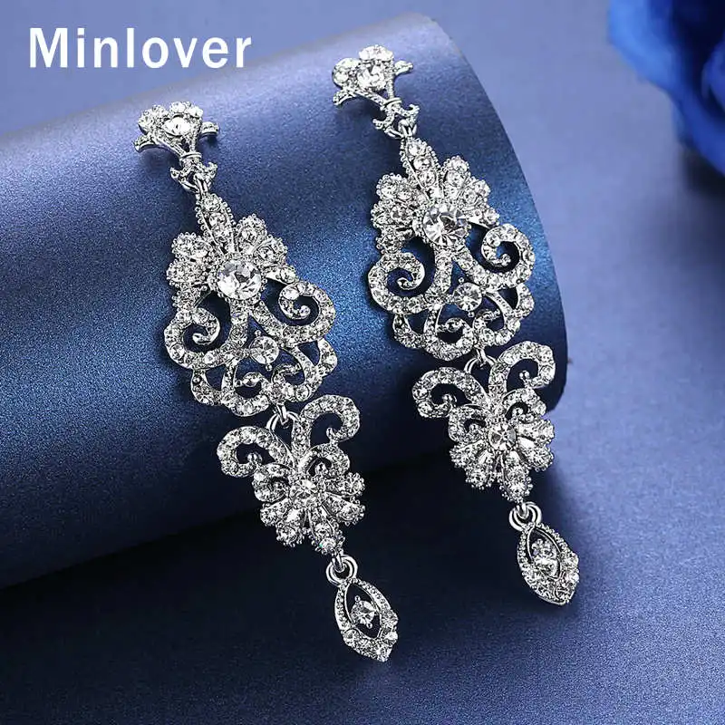 

Minlover Silver Color Crystal Clip On Earrings Women Accessories Chandelier Bridesmaid Hanging Earrings Wedding Jewelry MEH948