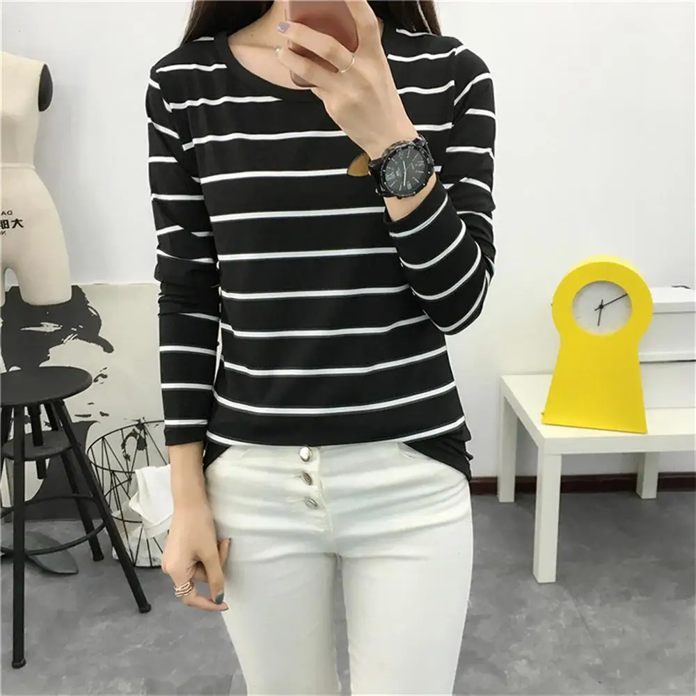 Хлопковая футболка для женщин 2019 Новая Осенняя женская в полоску с длинными