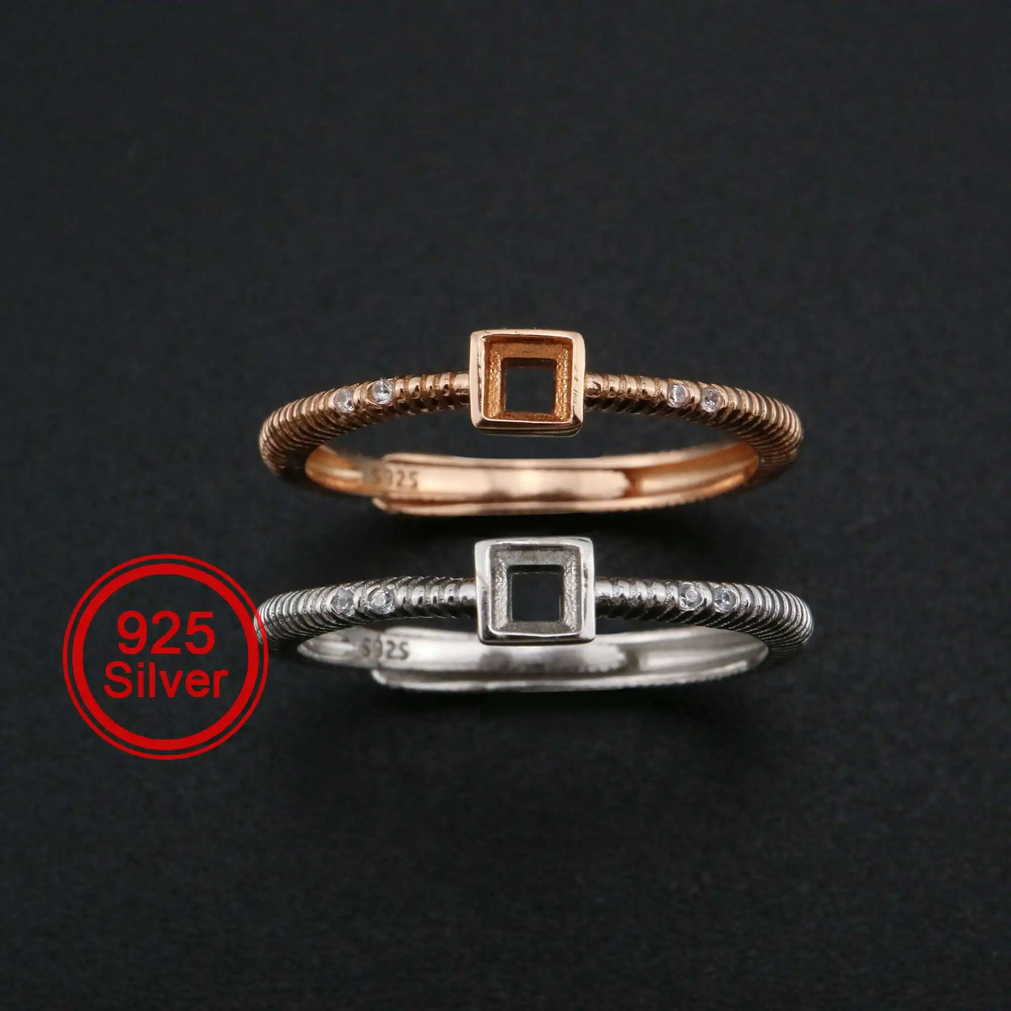 

3MM Square Ring Settings Solid 925 Sterling Silver Rose Gold Plated DIY Adjustable Ring Bezel for Gemstone 1294225