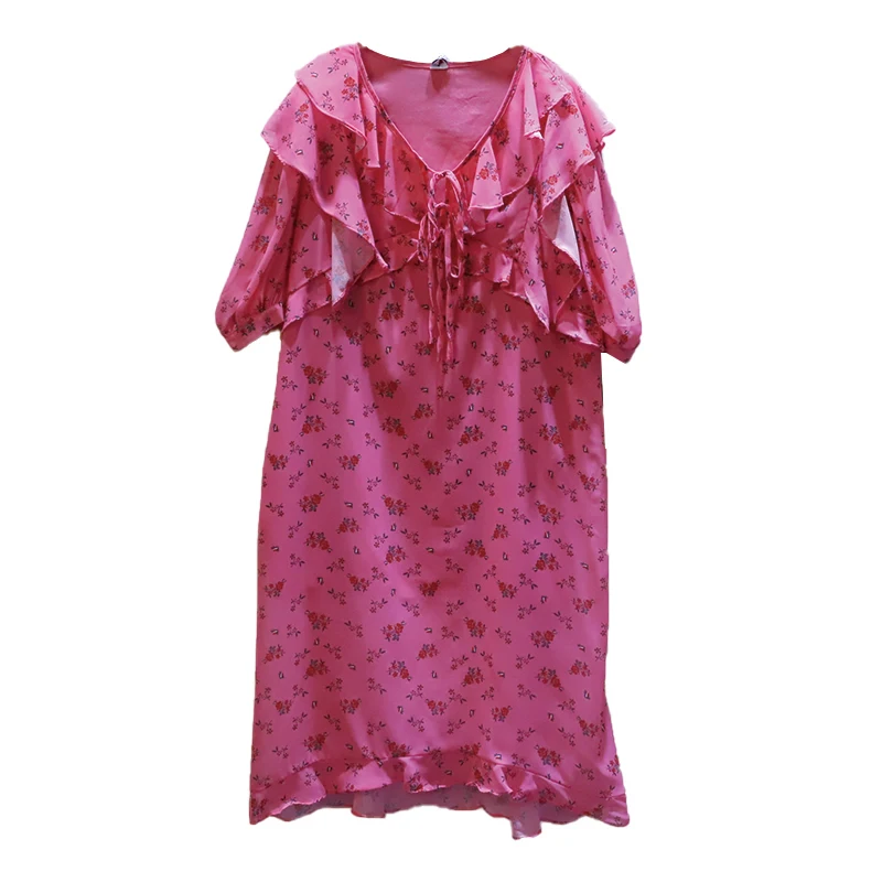 

XITAO Ruffles Print Dress Chiffon Female Korean 2021 Summer New Arrival V Neck Collar Personality Fashion Over Size LooseWMD0411