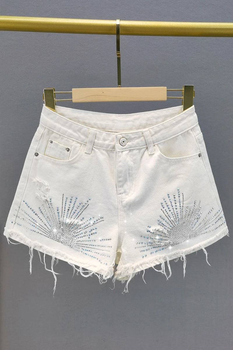 

2021 Summer New Hot Rhinestone White Women's High Waist Ripped Wide Leg Ins Fashionable Denim Shorts