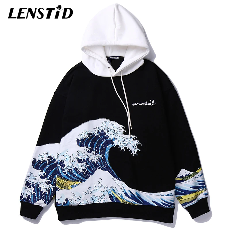LENSTID хип хоп японский стиль с волнистым принтом Толстый Пуловер толстовки Harajuku 2019