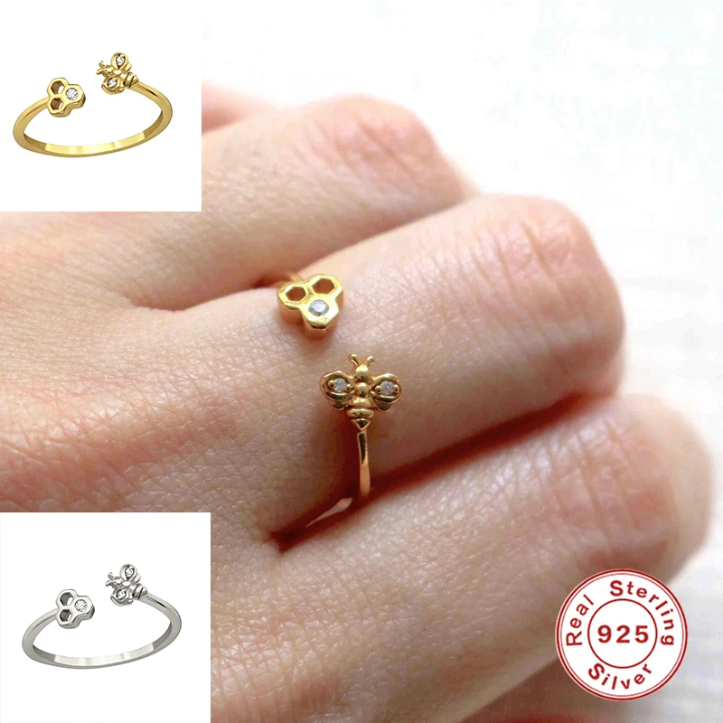 

925 Sterling Silver Finger Ring AAAAA Zircon Bee Honeycomb Animal Open Adjustable Rings For Women Party Wedding Ring anillos W3