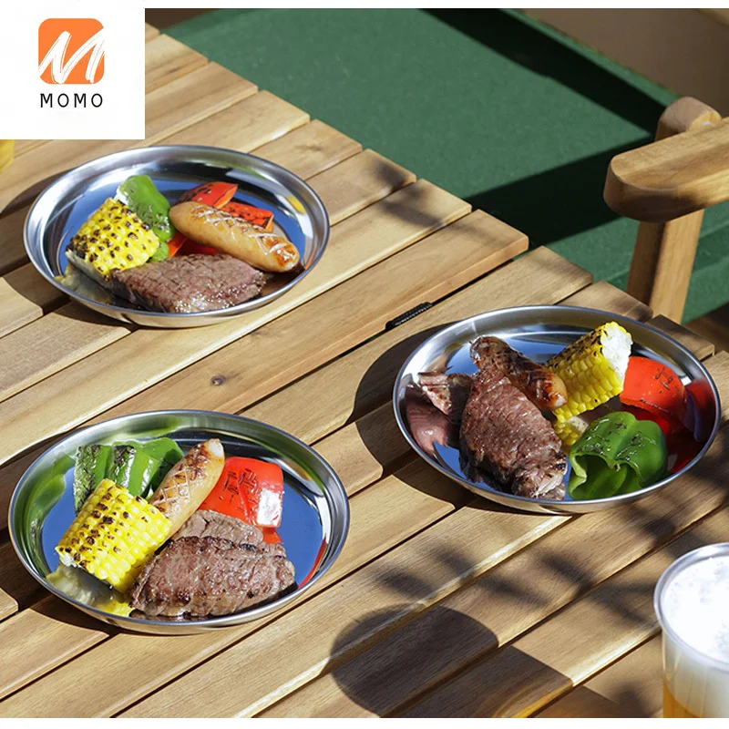 

Stainless Steel Food Tray Flat Plate Fried Dish Barbecue Fruit Cake Round Plate Storage Containers Kitchen Items