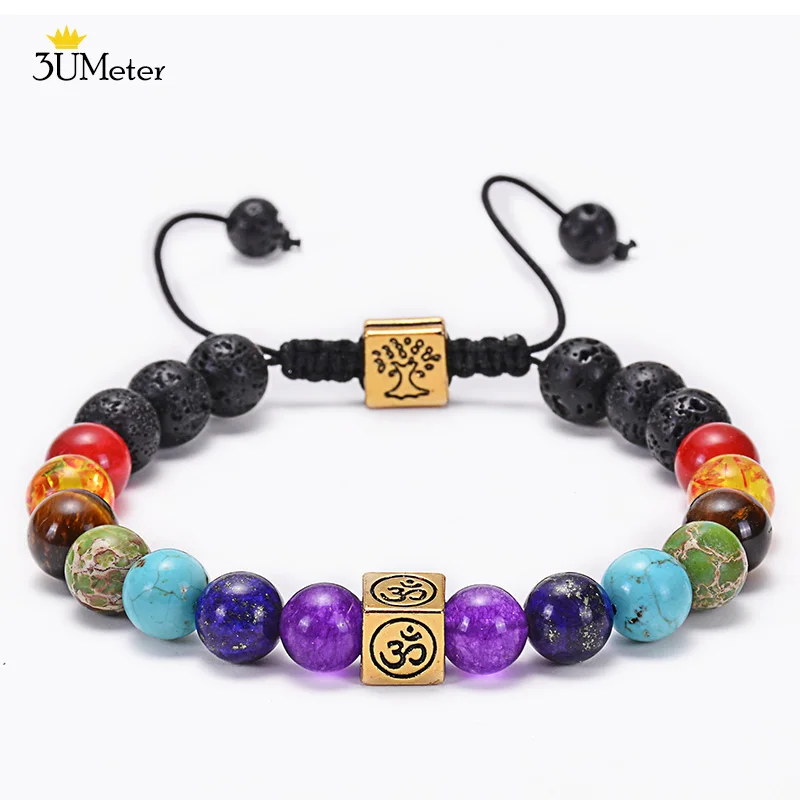 

Black Lava Rock Beads 7 Chakra Healing Balance Bracelet for Men Women OM/Tree of life Reiki Prayer Stone Yoga Chakra Bracelet