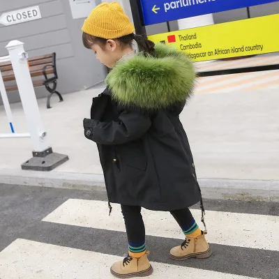 black green Army Green Coat Fur Jacket Girls Winter Clothes Rabbit Fur Kids Parkas Real Raccoon Fur Hooded Children Jacket For Girls TZ90 - Цвет: black green