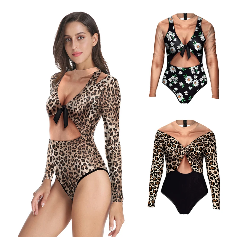 

2021 New Dazzling Sexy Leopard Print 3D Digital Printing Long-sleeved Sunscreen All-in-one One-piece Swimsuit Swimsuit