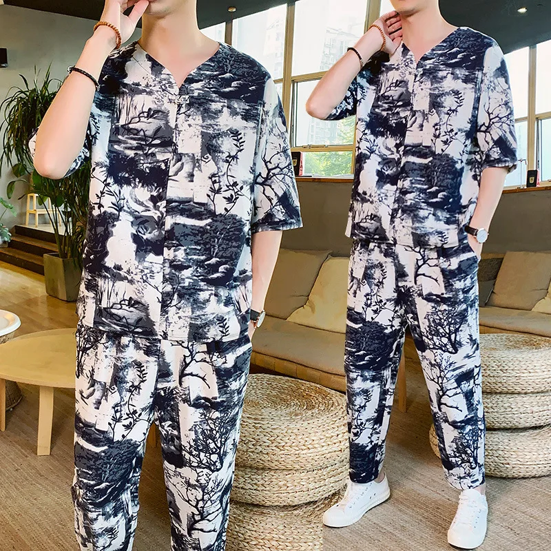 

Mens Suit 2 Pieces M-5xl New Men Hawaiian Sets Printing 2021 Summer Short Sleeve Button Shirt Beach Pants Streetwear Casual
