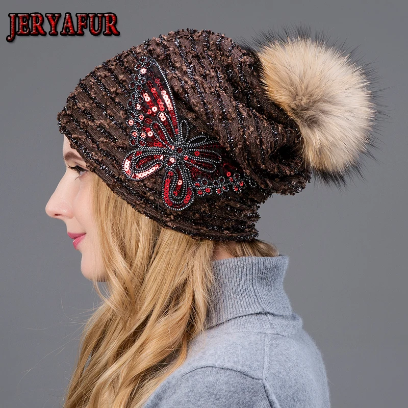 

JERYAFUR women winter beanie hat Rabbit fur wool knitted hat the female of the mink pom pom Shining Rhinestone hats for women