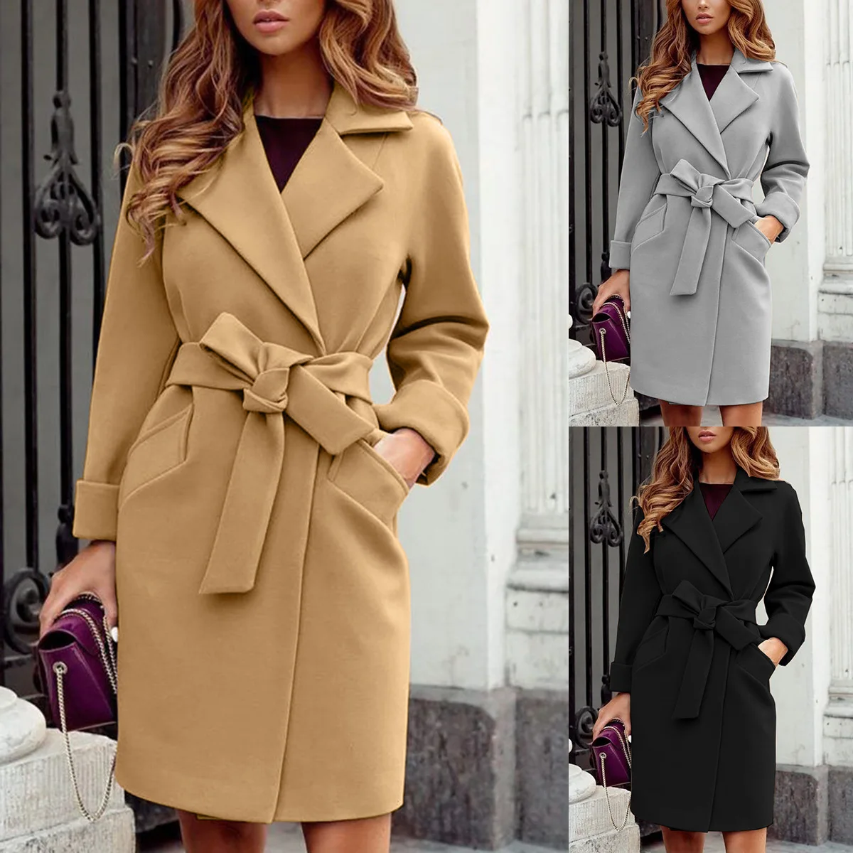 

Autumn Winter Wool Coat for Women Warm Korean Fashion Lace Up Tweed Jacket Coat Tied Pocket Design Women's Solid Wool Coat