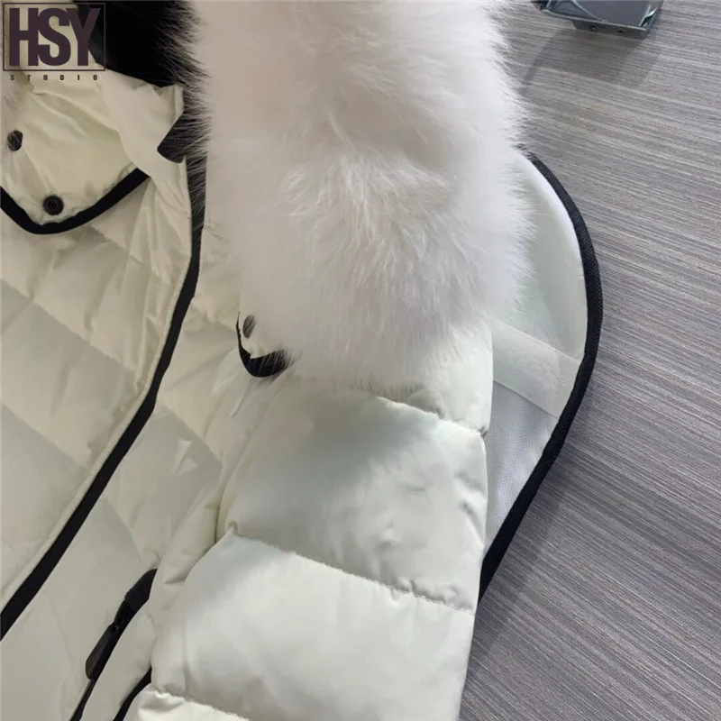 【HSY】 зимняя женская 90% белая куртка-пуховик с гусиным пухом, большой меховой воротник лисы, уличная Лыжная куртка с капюшоном, облегающая теплая легкая куртка-пуховик