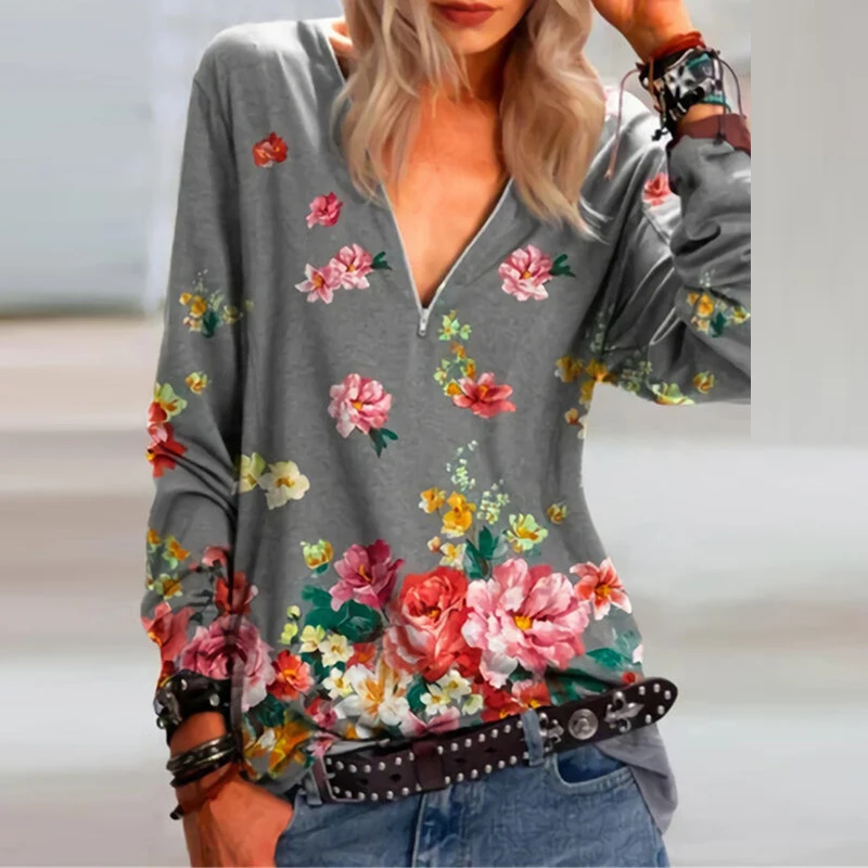 

Vintage T-shirt Ladies 2021 Spring Autumn Long-sleeved Zipper V-neck Floral Print Loose Tops Pullover Sexy 5XL Plus Size Tees