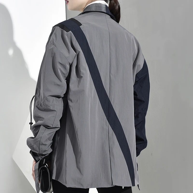 

[EAM] Women Blue Irregular Jacket Turn-down Collar Long Sleeve Plaid Printed Drawstring Coat Fashion 2021 Spring Autumn JQ2761