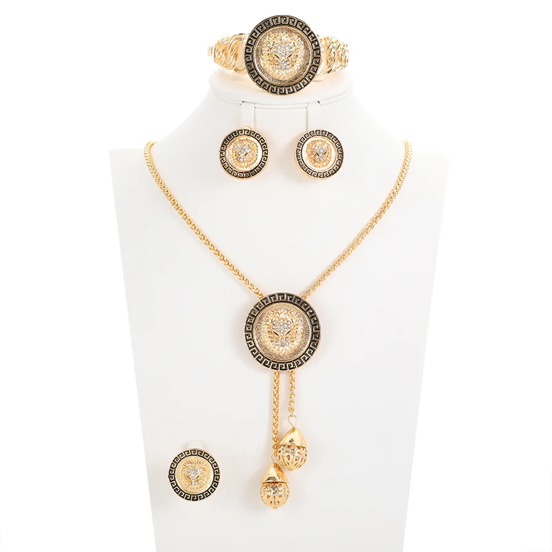 

Dubai women luxury gold color Jewelry set Nigeria African necklace bracelet earrings ring set wedding Party gifts orname