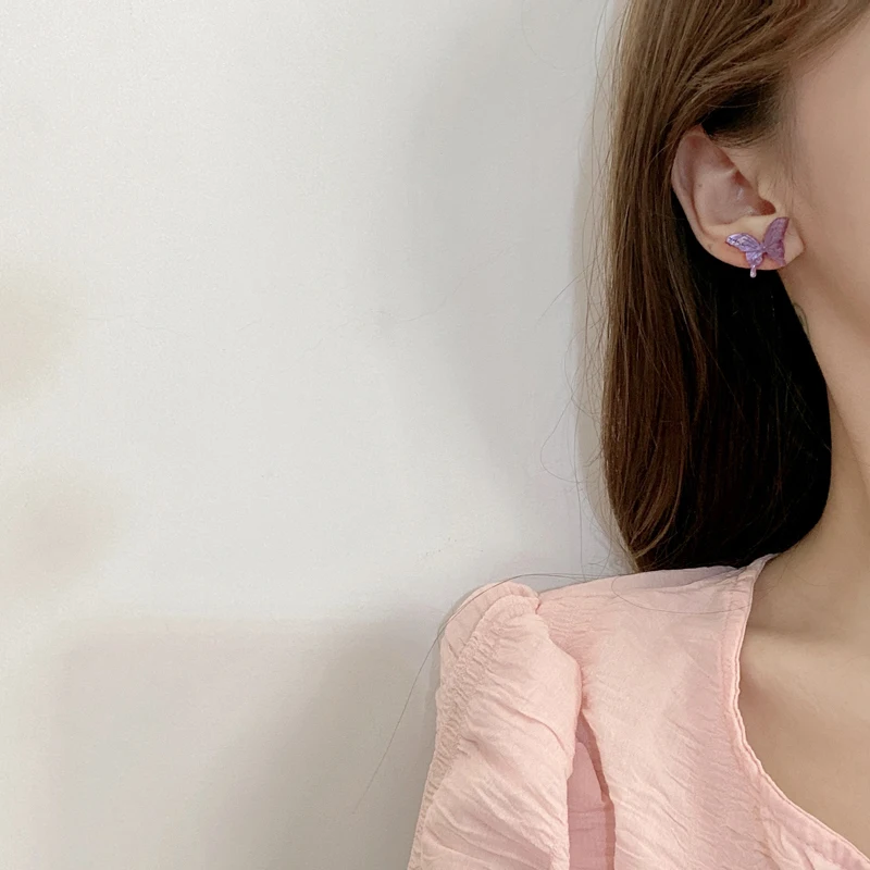 

Fashion needle purple butterfly Stud Earrings Retro personality contracted Resin Mini Earrings For Women Jewelry