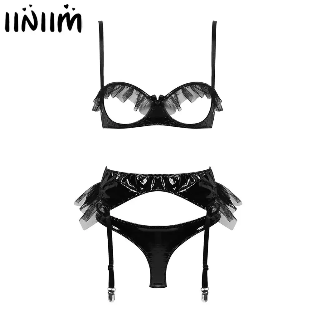 

iiniim Womens Wetlook Costumes Patent Leather Lingerie Set Open Cups Sissy Bra Top with Garter Belt Crotchless Briefs Underwear