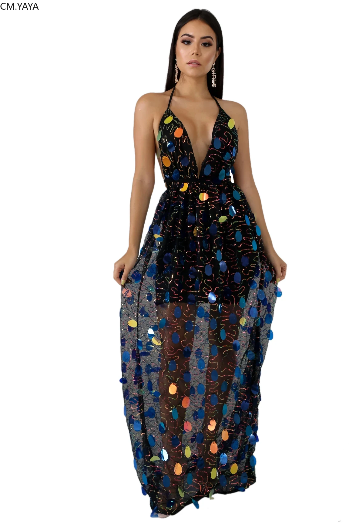 Женское длинное платье с блестками прозрачное облегающее глубоким V-образным