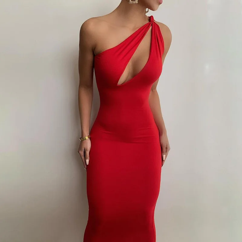 

Летние красные черные Клубные платья с лямкой на шее, женское модное наклонное сексуальное платье на одно плечо, облегающее вечернее платье...