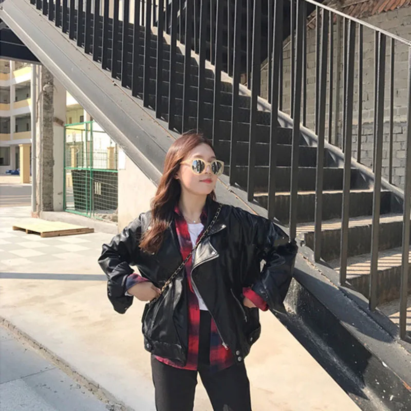 

Jackets Women Faux Leather Jacket Boyfriend Motorcycle Coat Female Outwear Streetwear Korean Style Loose Womens Zipper Wild New