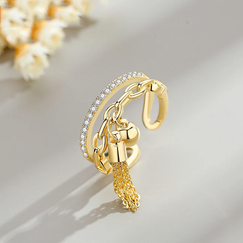 

Vintage Ethnic Crystal Rings Link Chain Zirconia With Spike Pendant Golden White Finger Ring For Women Opening Ring Jewelry Gift