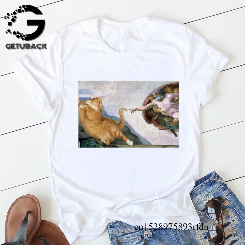 Забавная футболка с котом Женская Повседневная микеланжело модная коротким