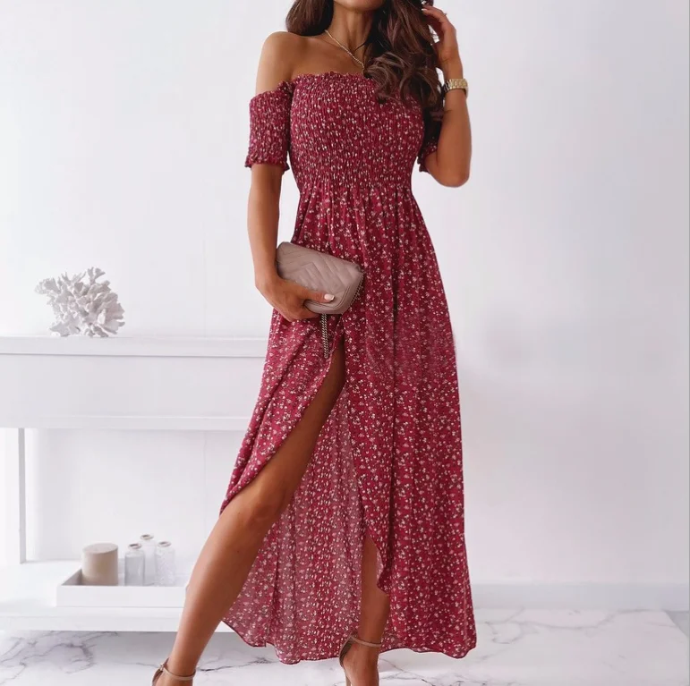 

Женское пляжное платье с открытыми плечами, Элегантное Длинное удобное пляжное платье макси в богемном стиле с ретро-принтом и разрезом на ...