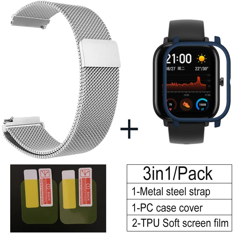 silver-deep blue 3 в 1 Аксессуары для Amazfit GTS ремешок с чехол металлический Миланский Браслет для Huami Amazfit GTS Band Защитная пленка для экрана - Цвет: silver-deep blue